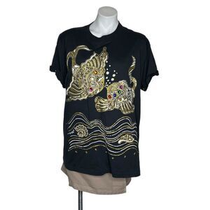 VINTAGE Black T Shirt Beaded Embellished Gold Fish One Size